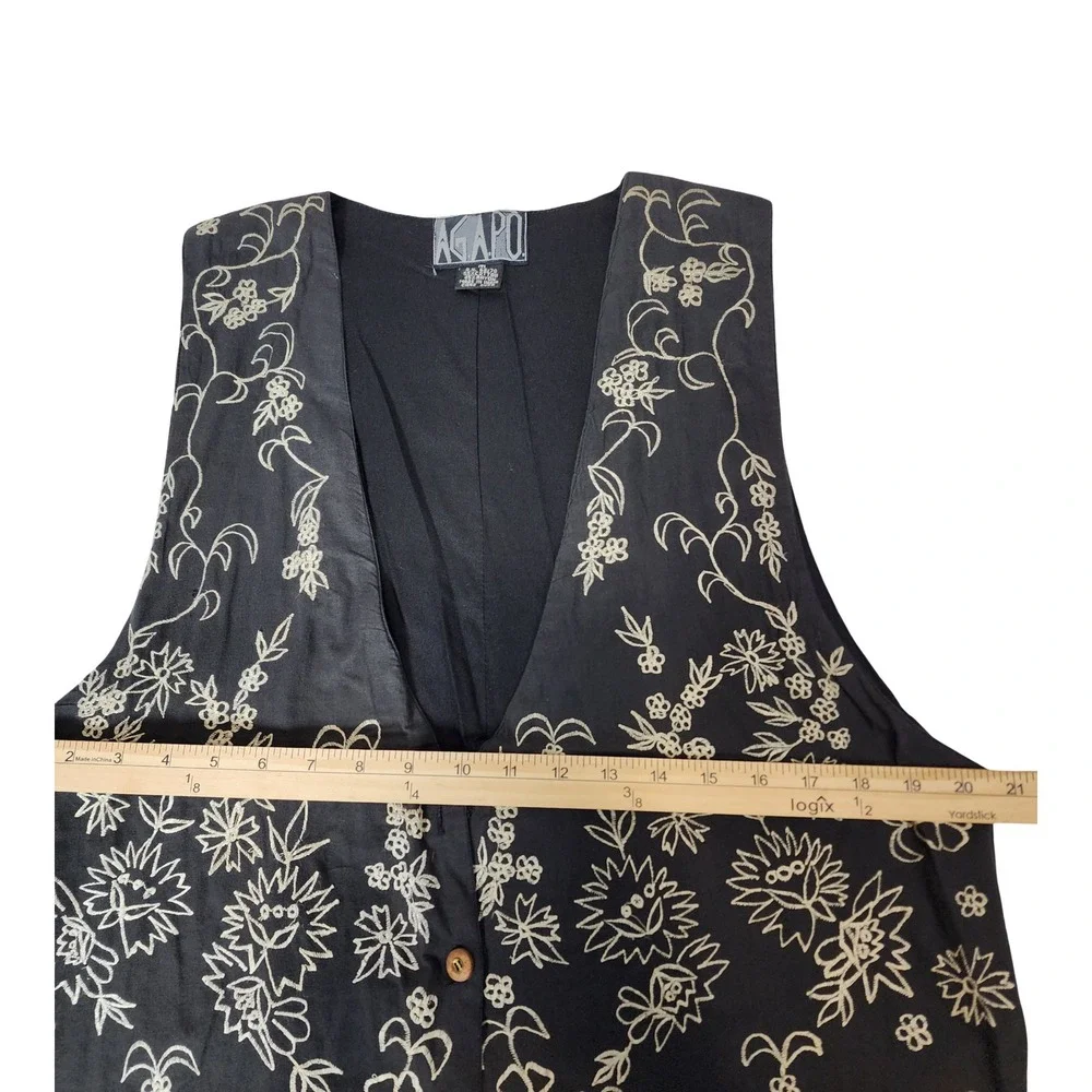 Vintage‎ Agapo Black Embroidered Floral Sun Boho Vest Scalloped Medium India